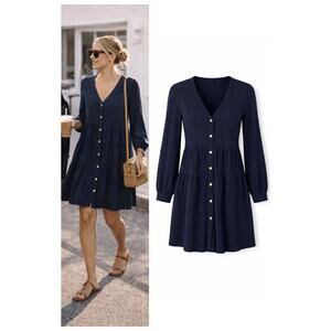 We Are Sundays Navy Tiered Button Front Long Sleeve Babydoll Mini Dress Large